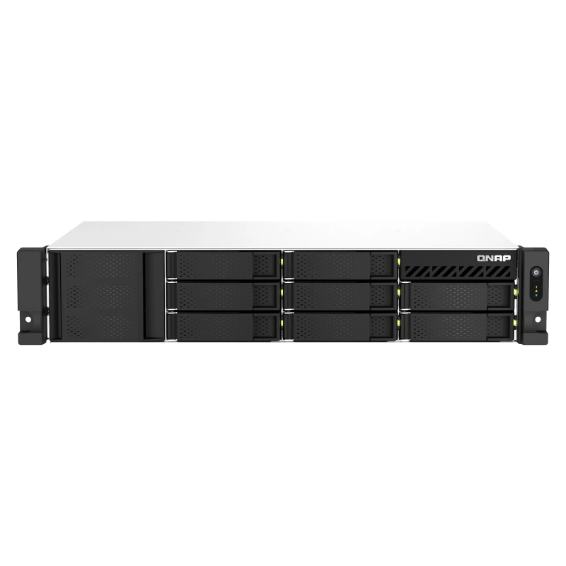 SMB QNAP TS-873AeU-4G NAS 8x3.5/ 2.5 SATA/ SSD trays, 2 x M2 PCIe, 2x 2.5 GbE, 2U rackmount, 1 PSU. AMD Ryzen V1500B 4-core/ 8-thread 2.2 GHz processor, 4 GB DDR4 RAM (1*4 GB) up to 64GB (2*32 GB). W/ o rail kit RAIL-B02